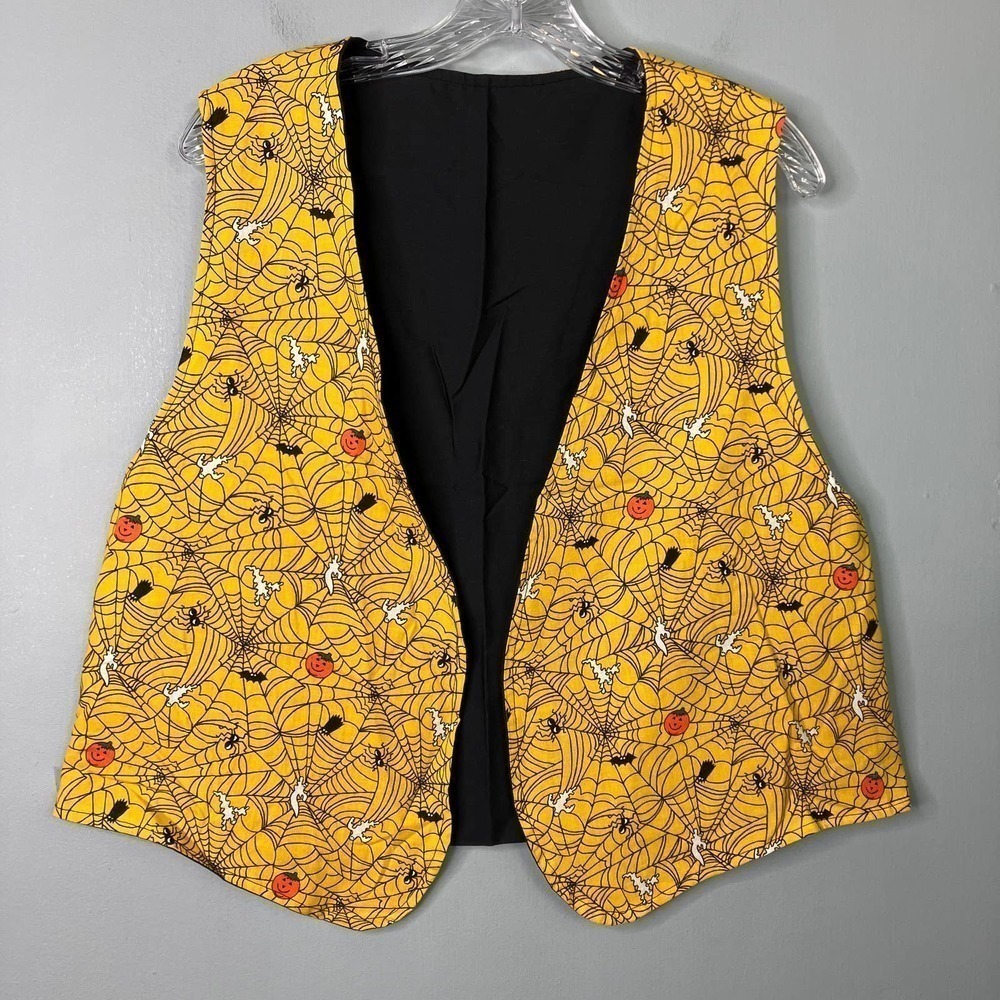 Handmade VTG Halloween Yellow Spider Web Jack O Lantern Pumpkin Ghost Vest Sz XL